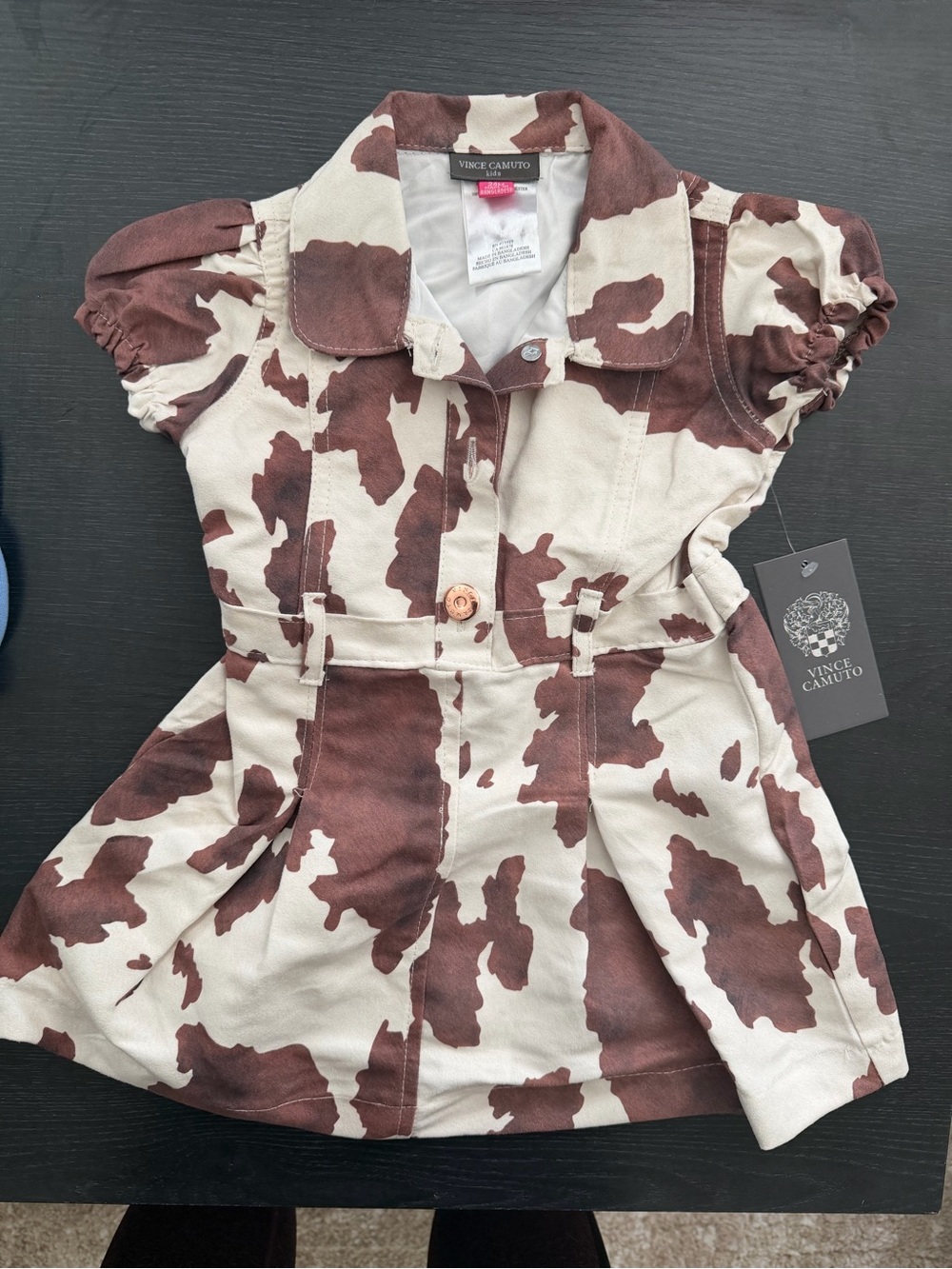 Vince Camuto Girls Brown and Cream Cowprint Button-Front Dress